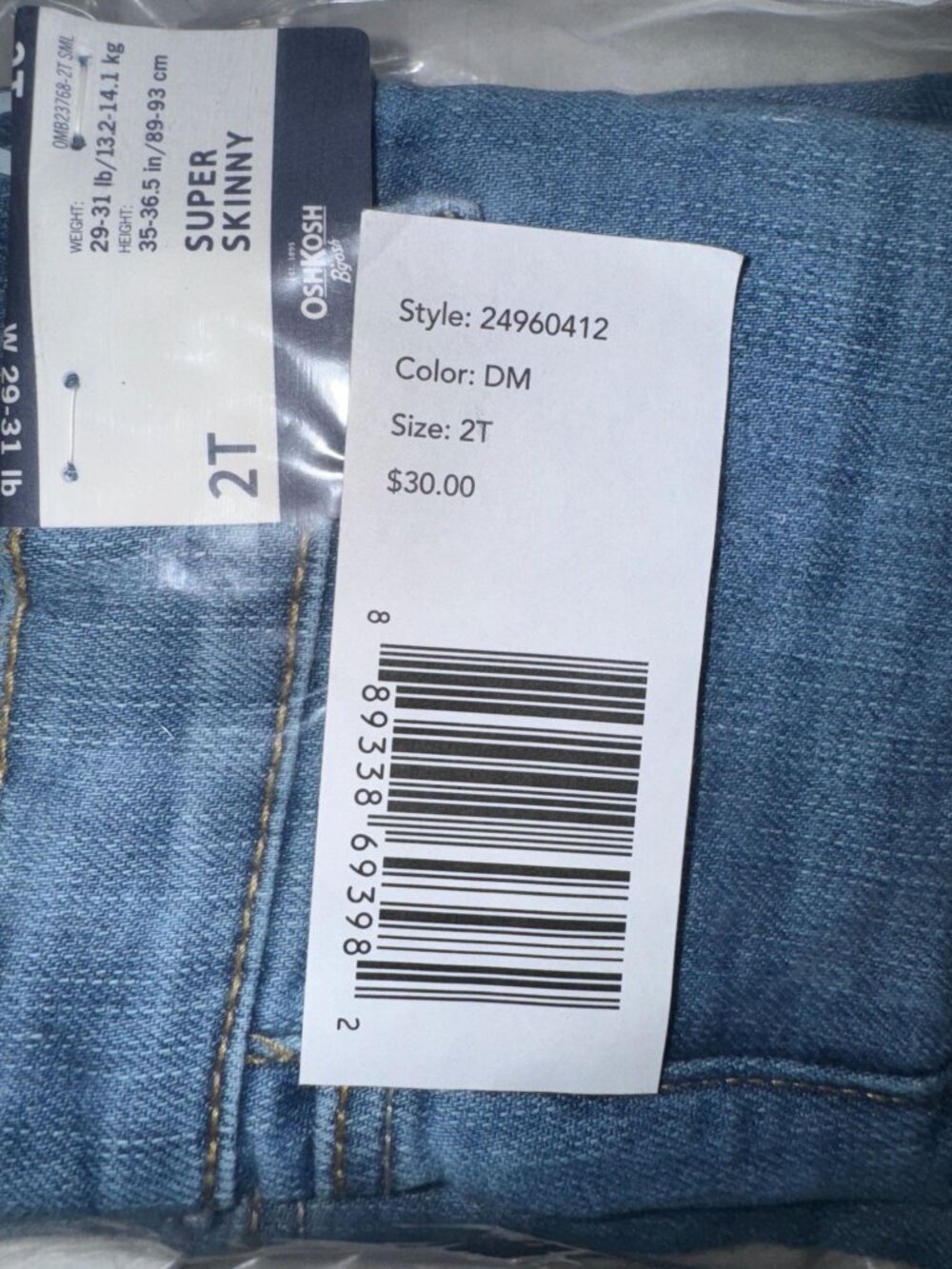 OshKosh Bgosh Super Skinny Blue Jeans 2T Cotton & Polyester - Picture 5 of 6